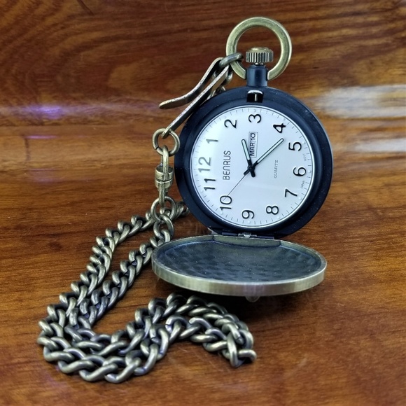 Retired BENRUS 3D Railroad Pocket Watch with Date - Picture 2 of 4